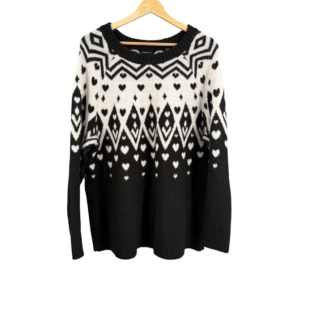 Torrid Fair Isle Heart Sweater Women's Size 0X Black White Pullover Plus Size